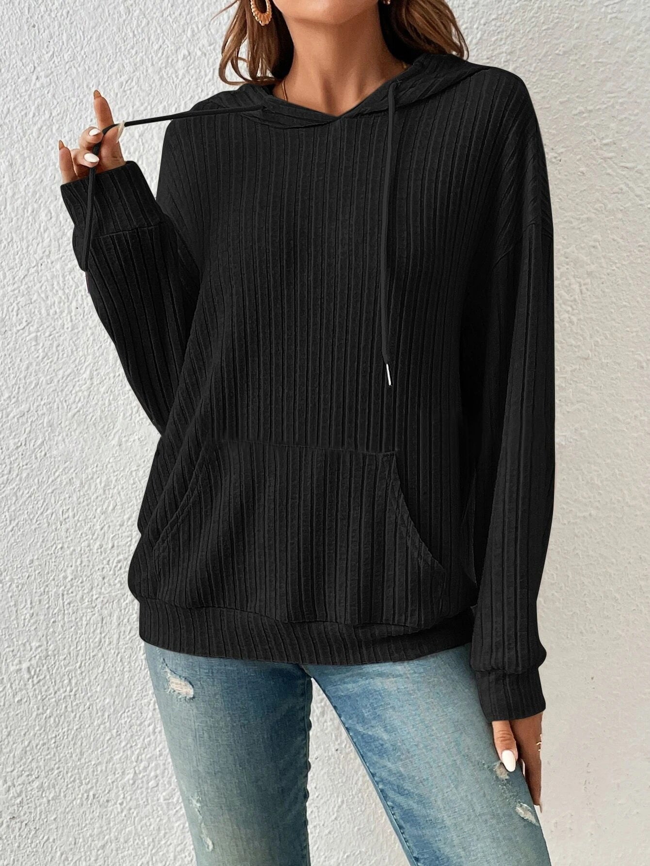 Damen lässiger Kapuzenpullover mit Rippenstruktur und Kängurutasche Stalluxe