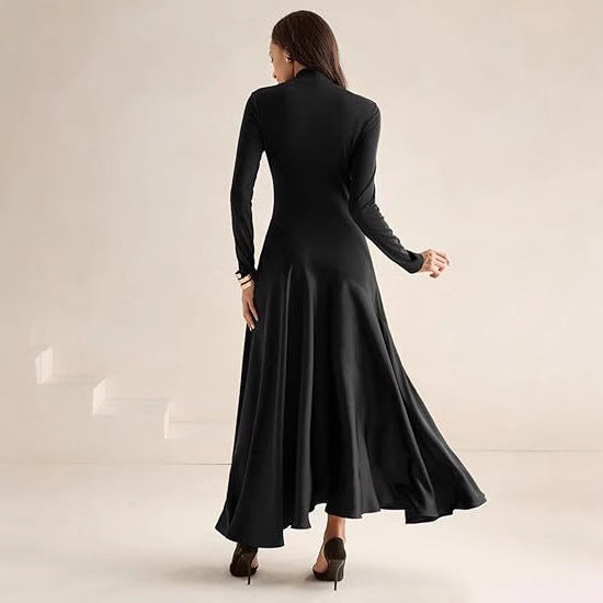 Damen Elegantes Langarm Maxikleid mit hohem Kragen und fließendem Rock Stalluxe