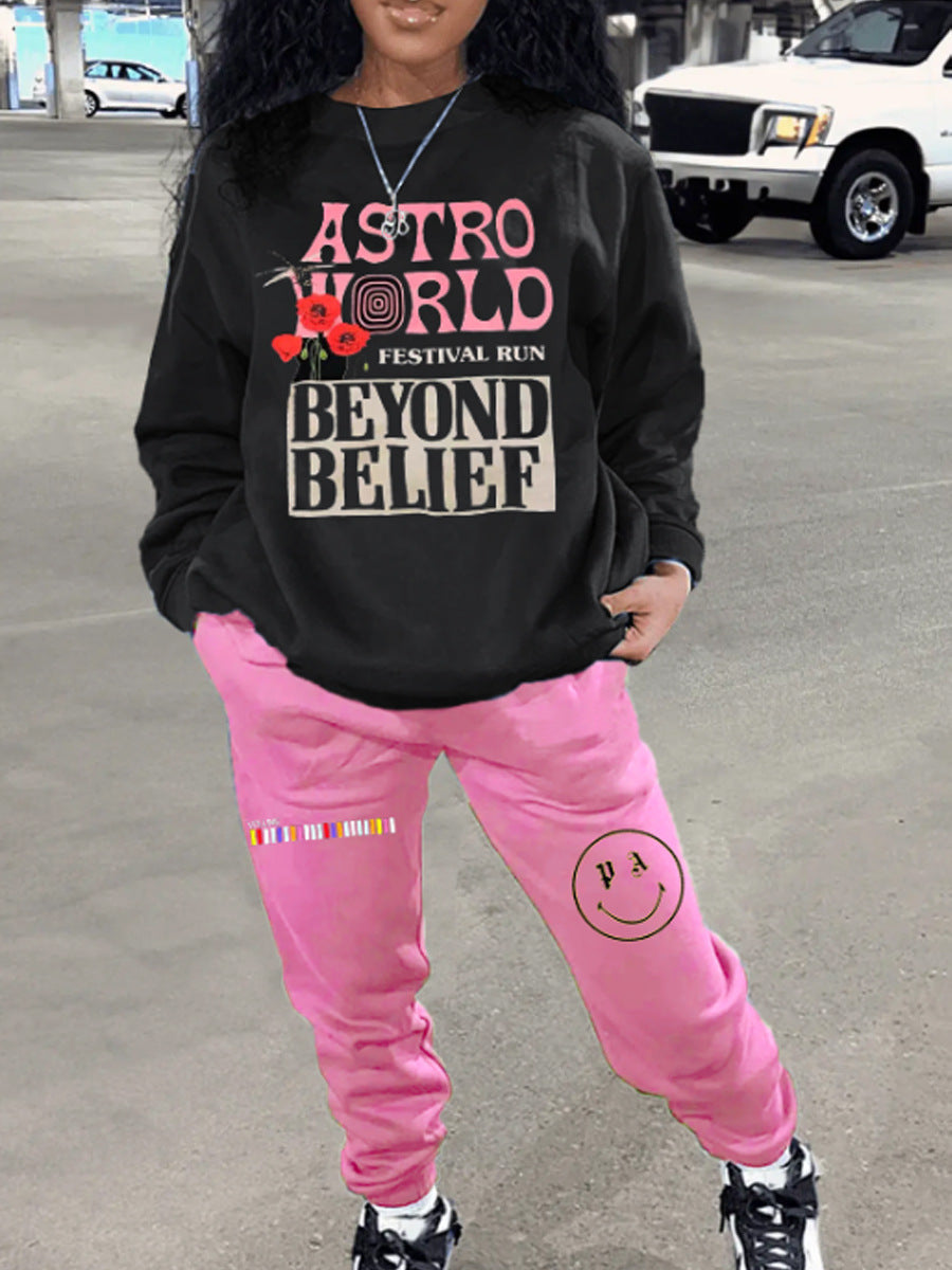 Damen Lange Ärmel T-Shirt und lockere Jogginghose Set mit auffälligem Grafikdesign Stalluxe