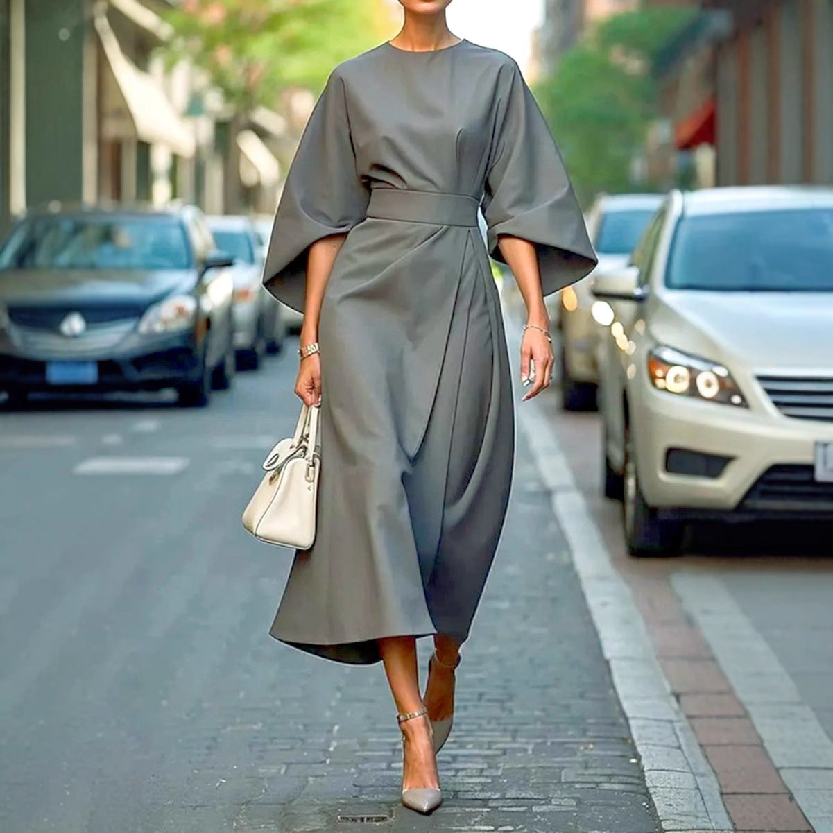 Damen elegantes Maxikleid mit weitem Schnitt und Taillengurt Stalluxe