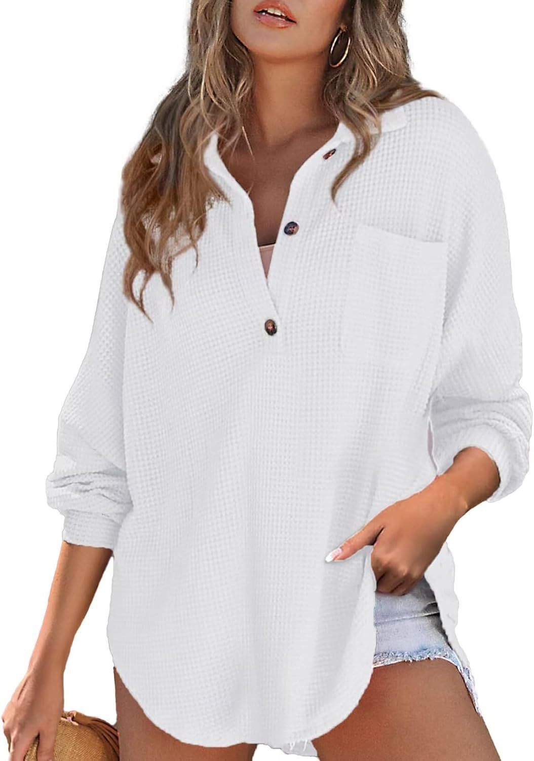 Damen lässiges Waffelshirt mit Knopfdetails und Taschen Stalluxe