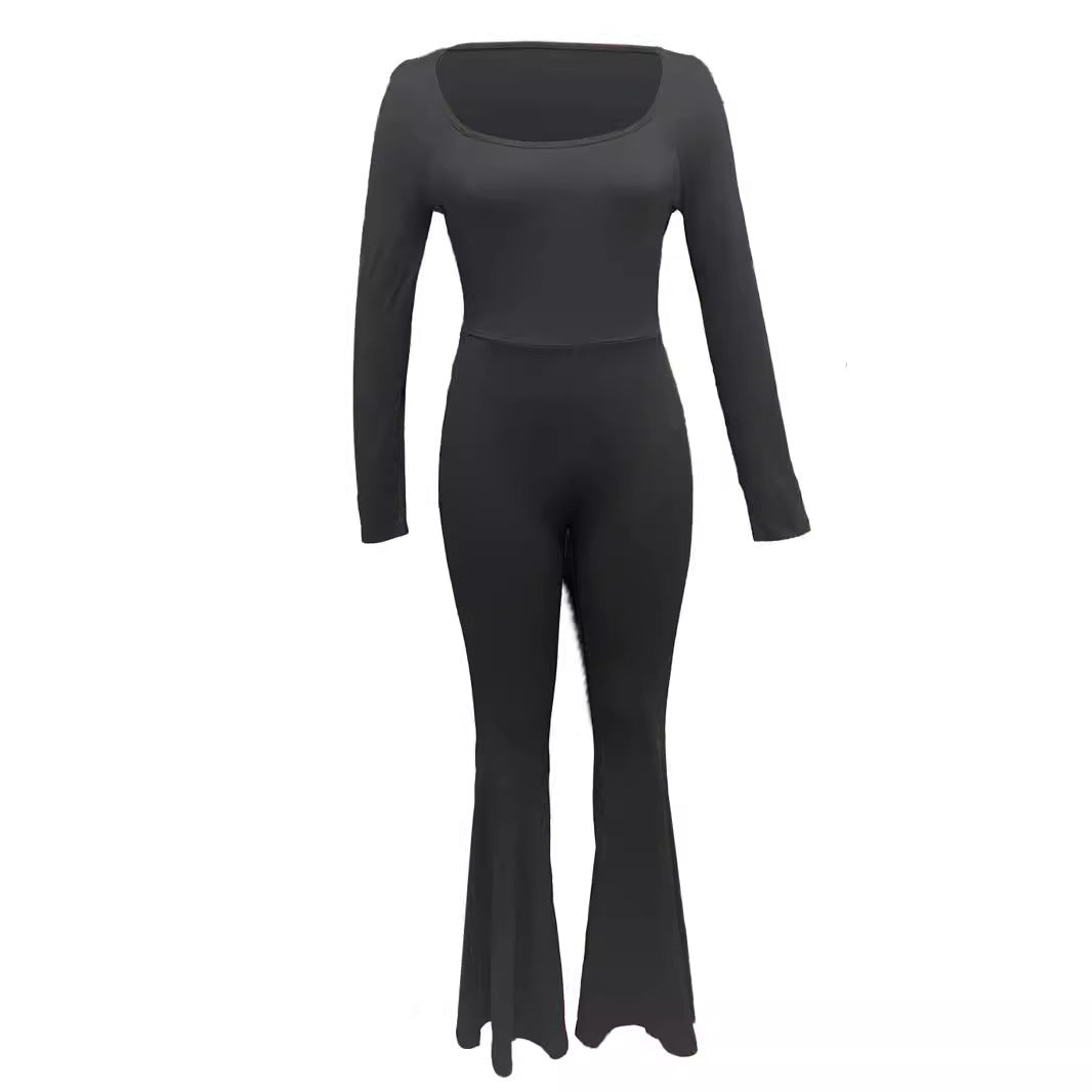Damen Eleganter und figurbetonter Jumpsuit mit weitem Bein und langen Ärmeln Stalluxe