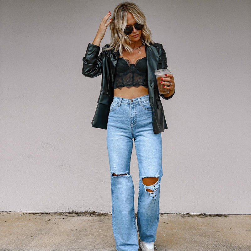 Damen Weit geschnittene Jeans mit auffälligen Destroyed-Details Stalluxe