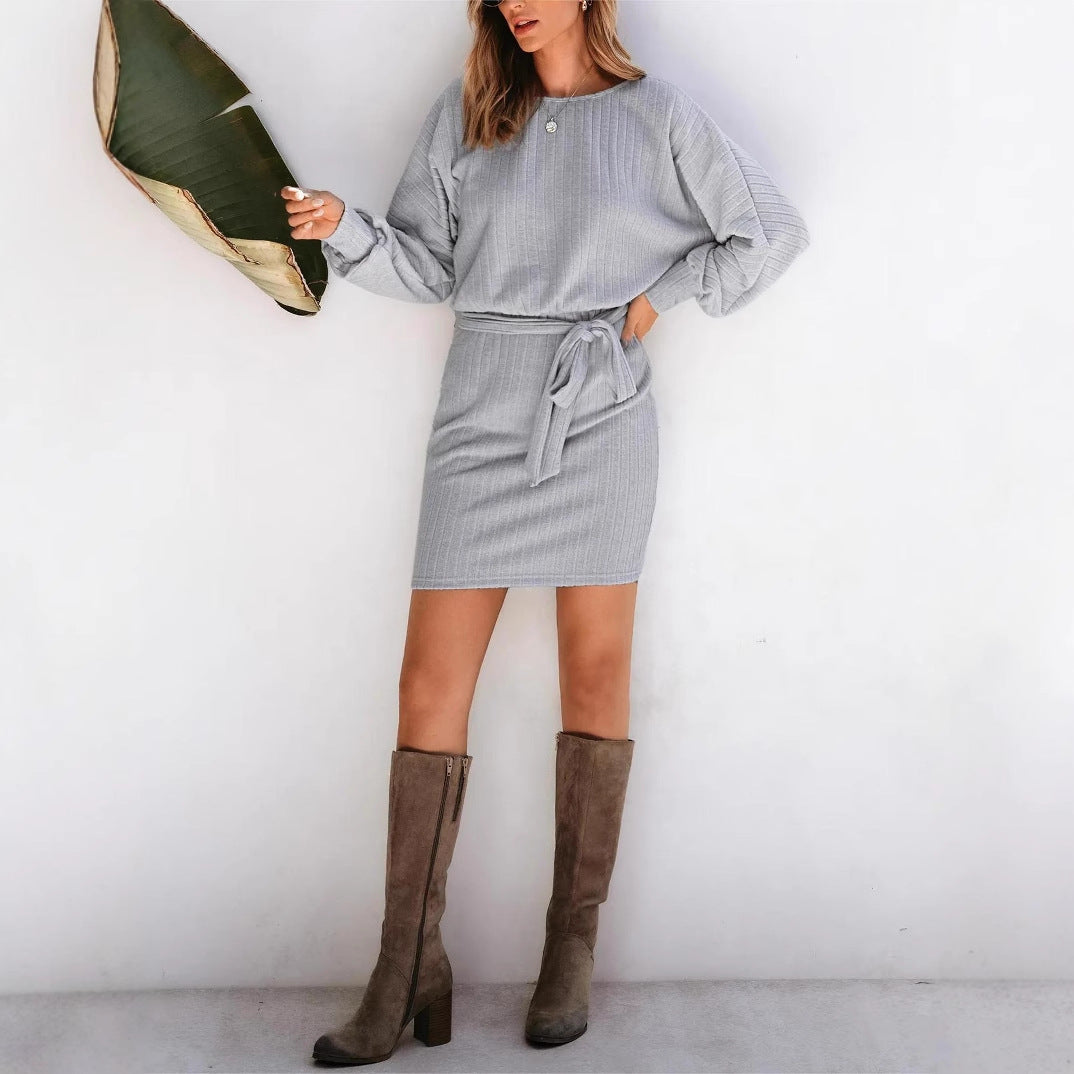 Damen elegantes Pullover-Kleid mit Rippstruktur und Gürtel Stalluxe