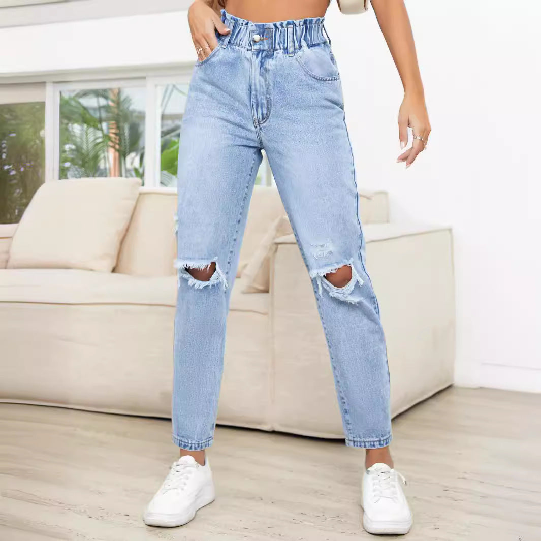 Damen High-Waist Jeans mit lässigen Rissen und elastischem Bund Stalluxe