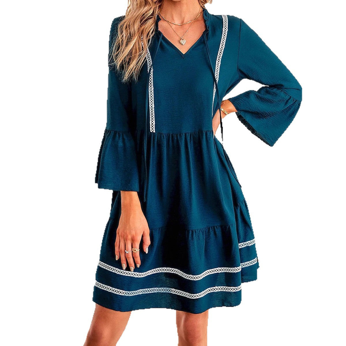 Damen lässiges Midikleid mit eleganten Rüschendetails und V-Ausschnitt Stalluxe