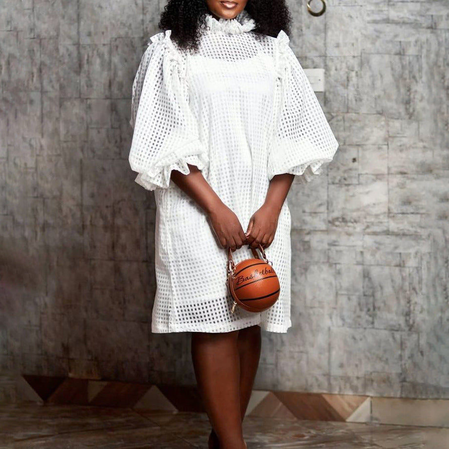 Damen Transparentes Kleid mit voluminösen Puffärmeln und Karomuster Stalluxe