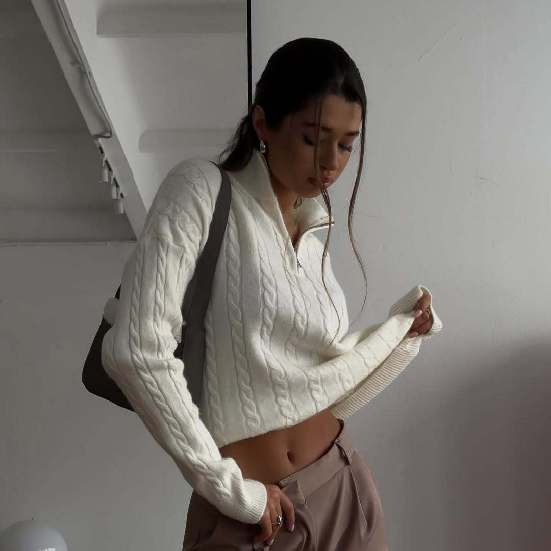 Damen cropped Pullover mit Zopfmuster und Reißverschluss Stalluxe