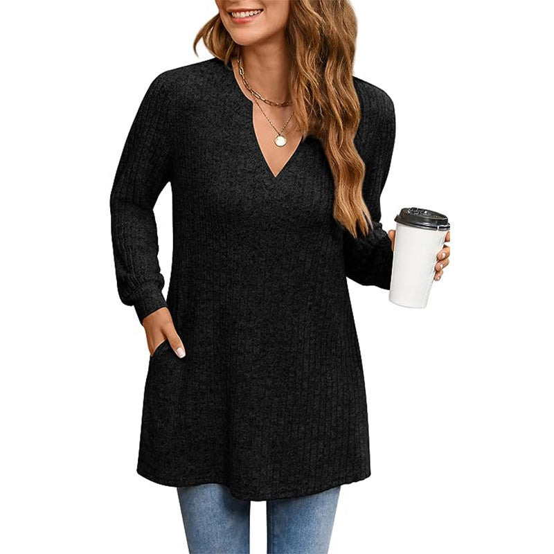 Women's Ribbed V-Neck Tunic Sweater Stalluxe
