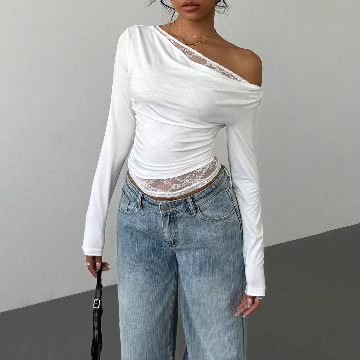 Damen Lässiges Langarmoberteil mit asymmetrischem Ausschnitt und transparenten Details Stalluxe