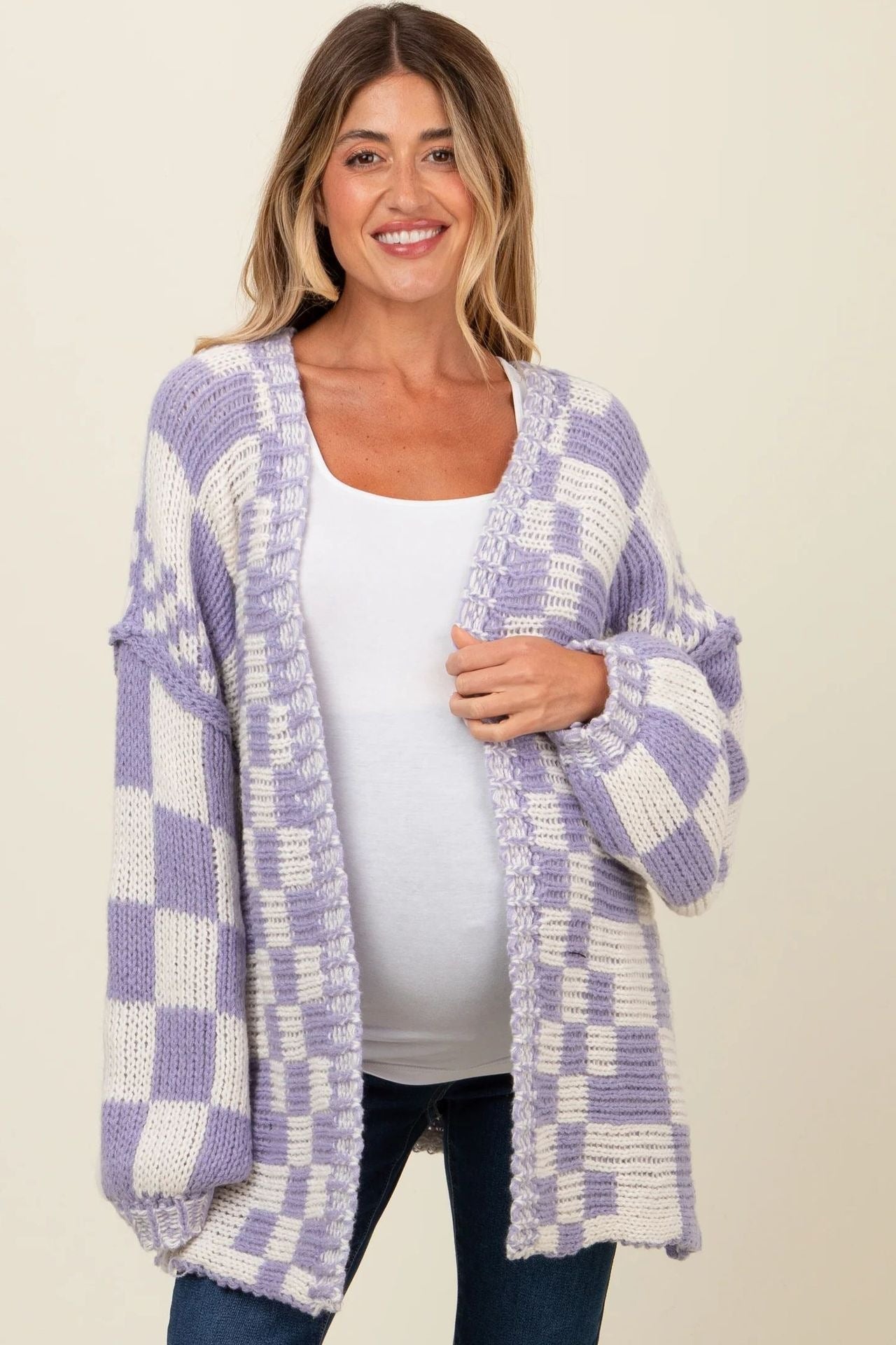 Damen Übergroße Karomuster-Strickjacke mit Taschen Stalluxe
