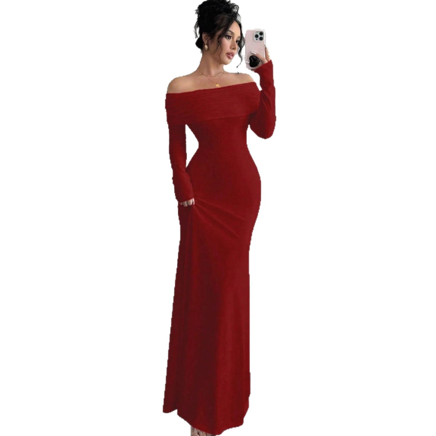 Damen elegantes Schulterfreies Langarm-Maxi-Kleid mit raffinierten Rückendetails Stalluxe