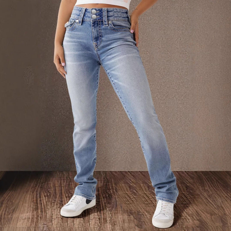 Damen Hochtaillierte Jeans mit modischem Knopfverschluss und schmalem Schnitt Stalluxe