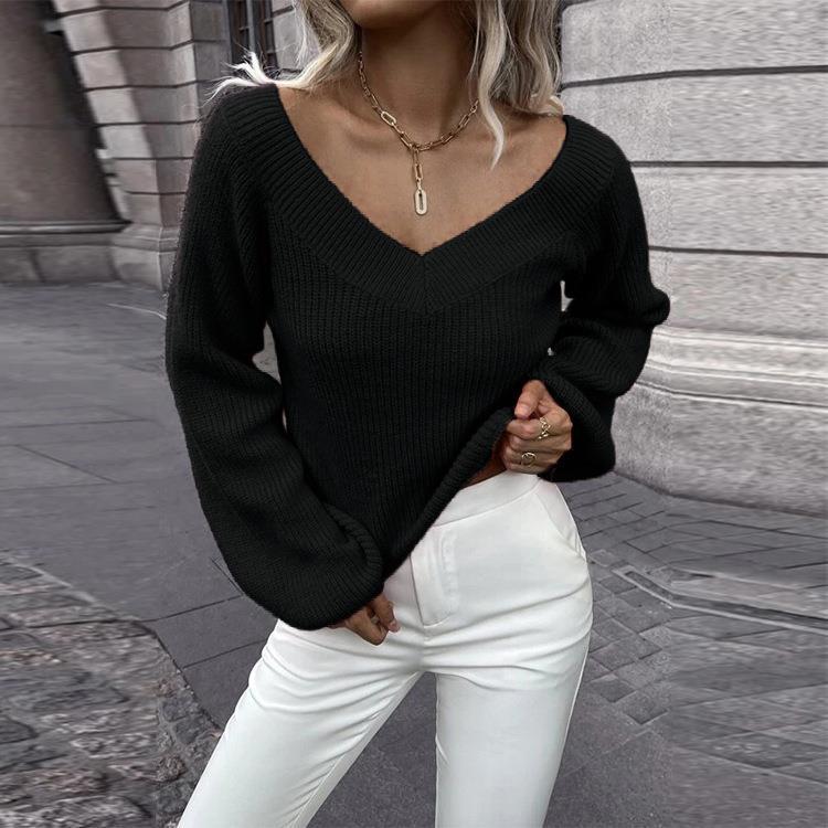 Damen Strickpullover mit tiefem V-Ausschnitt und weit geschnittenen Ärmeln Stalluxe