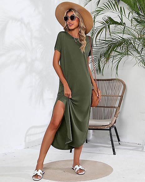 Damen Lässiges Maxikleid mit seitlichem Schlitz und feinem Rundhalsausschnitt Stalluxe
