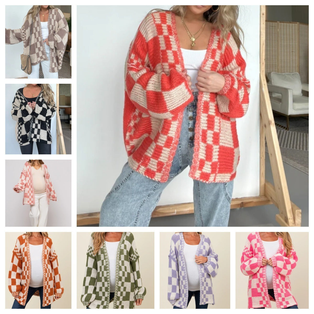 Damen Übergroße Karomuster-Strickjacke mit Taschen Stalluxe
