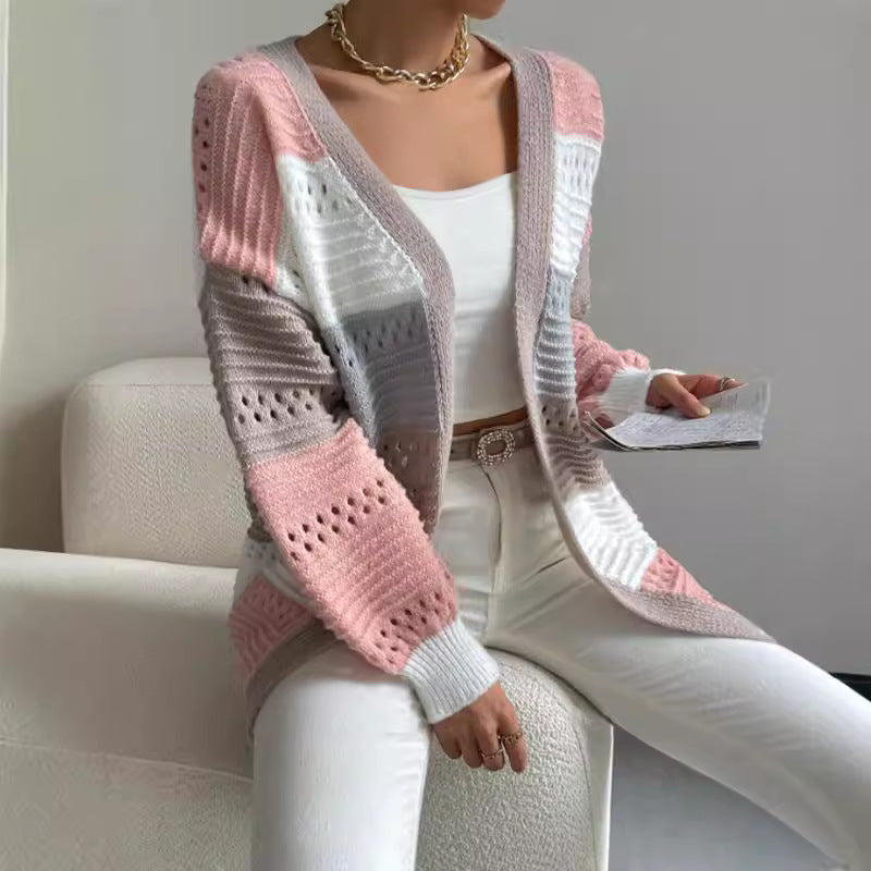 Damen Lässiger Strickcardigan mit modernen Lochmustern und farblichen Blockstreifen Stalluxe