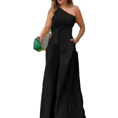 Damen Elegantes Ein-Schulter Jumpsuit mit weitem Bein und Taillengürtel Stalluxe