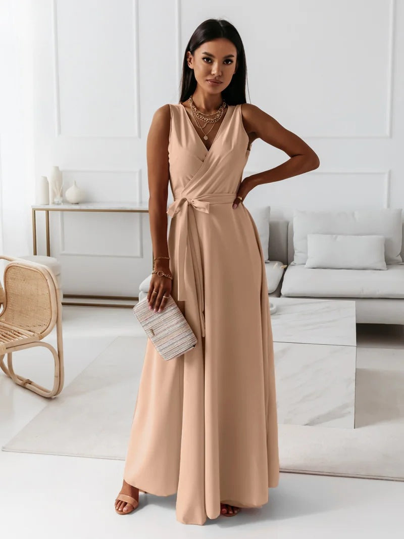 Damen Wickel-Maxikleid mit tiefem V-Ausschnitt und fließendem Schnitt Stalluxe