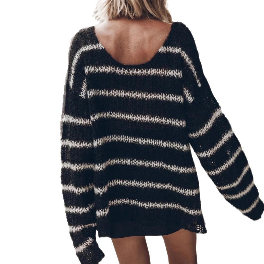 Damen Oversized Strickpullover mit modischem Streifenmuster und tiefem Rückenausschnitt Stalluxe
