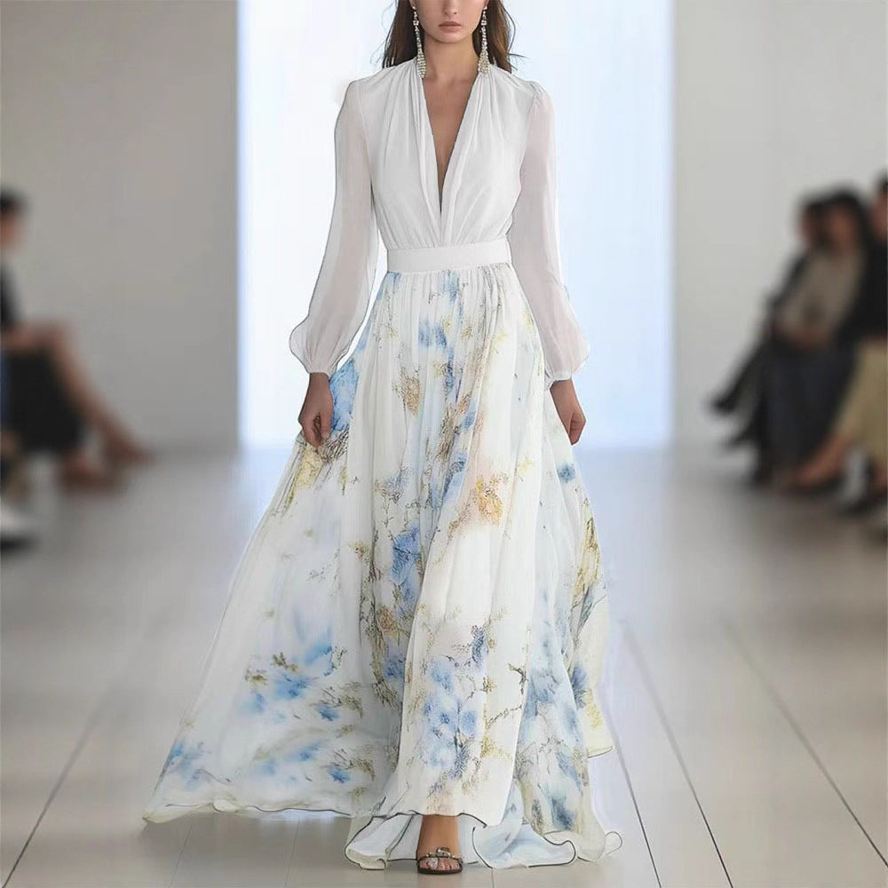 Damen Maxikleid mit floralem Chiffon und eleganten Puffärmeln Stalluxe