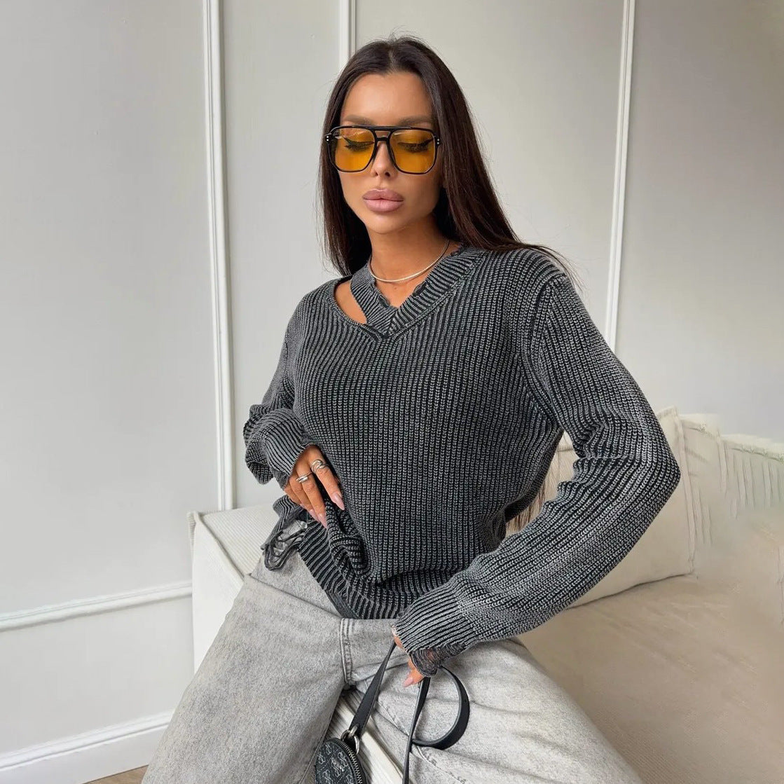 Damen Grobstrickpullover mit trendigem V-Ausschnitt und distressed Elementen Stalluxe