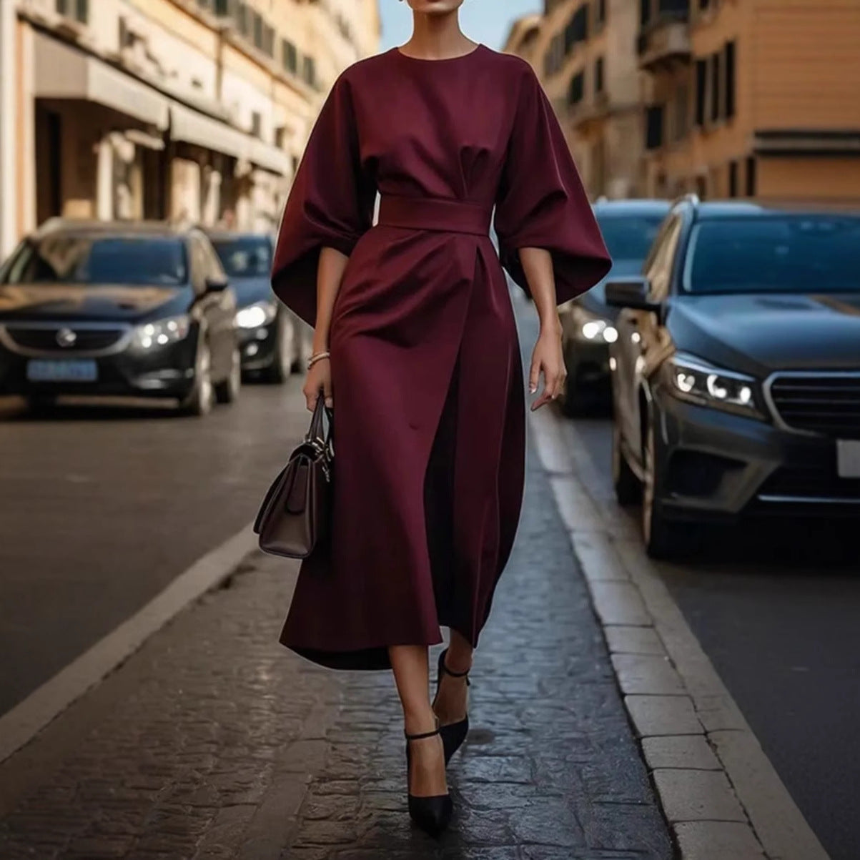 Damen elegantes Maxikleid mit Ballonärmel und tailliertem Schnitt Stalluxe
