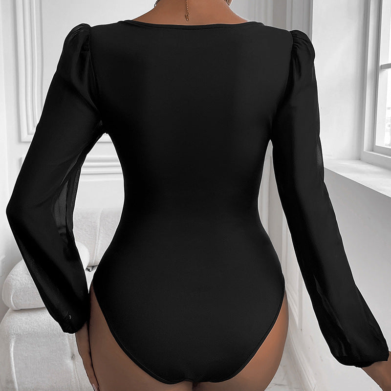 Damen Eleganter Body mit romantischen Puffärmeln und V-Ausschnitt Stalluxe