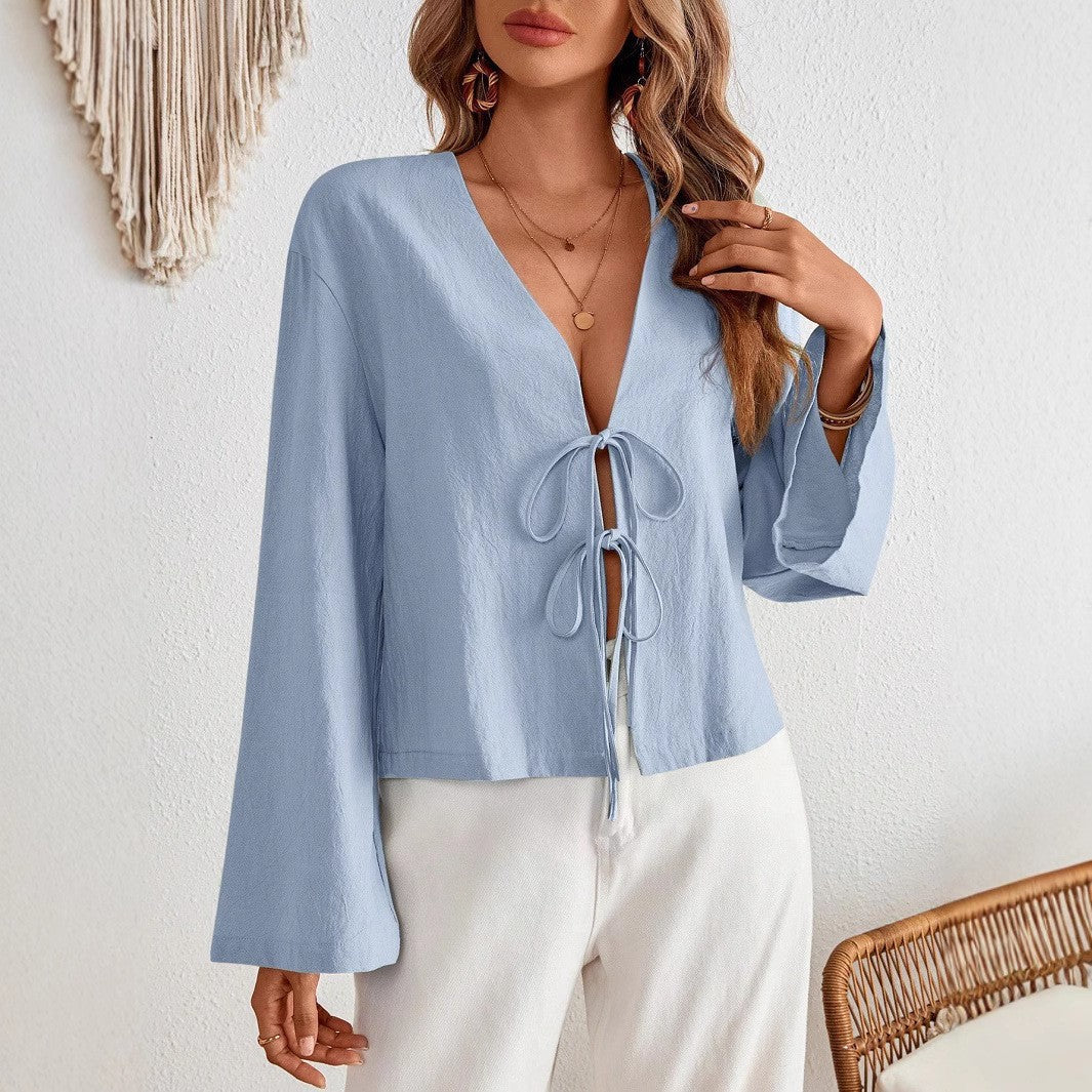 Damen lässige Blumenshirt mit tiefer V-Ausschnitt und Kordelzug Stalluxe