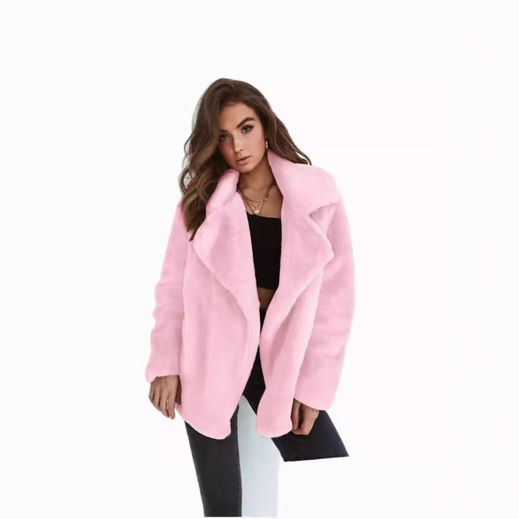Damen Plüschige Oversized Jacke mit umschlagbarem Kragen und dezentem Schnitt Stalluxe