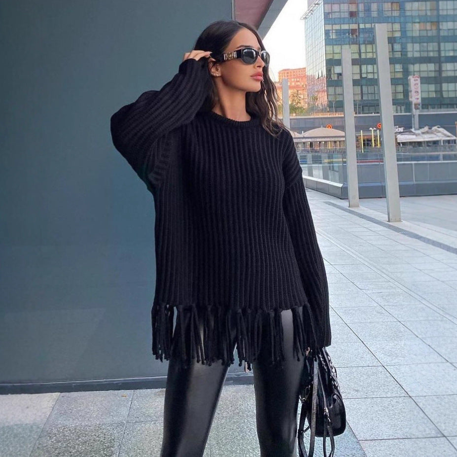 Damen lässiger Strickpullover mit Fransen Stalluxe