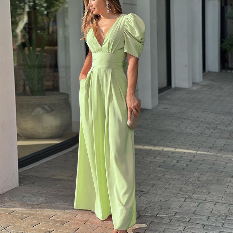 Damen elegantes Maxikleid mit Puffärmeln und tiefem V-Ausschnitt Stalluxe