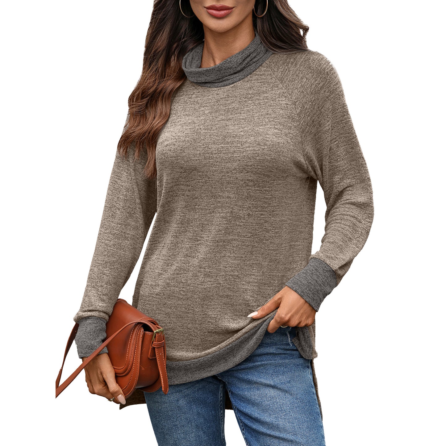 Damen lässiger Pullover mit stehendem Kragen und seitlichen Schlitzen Stalluxe