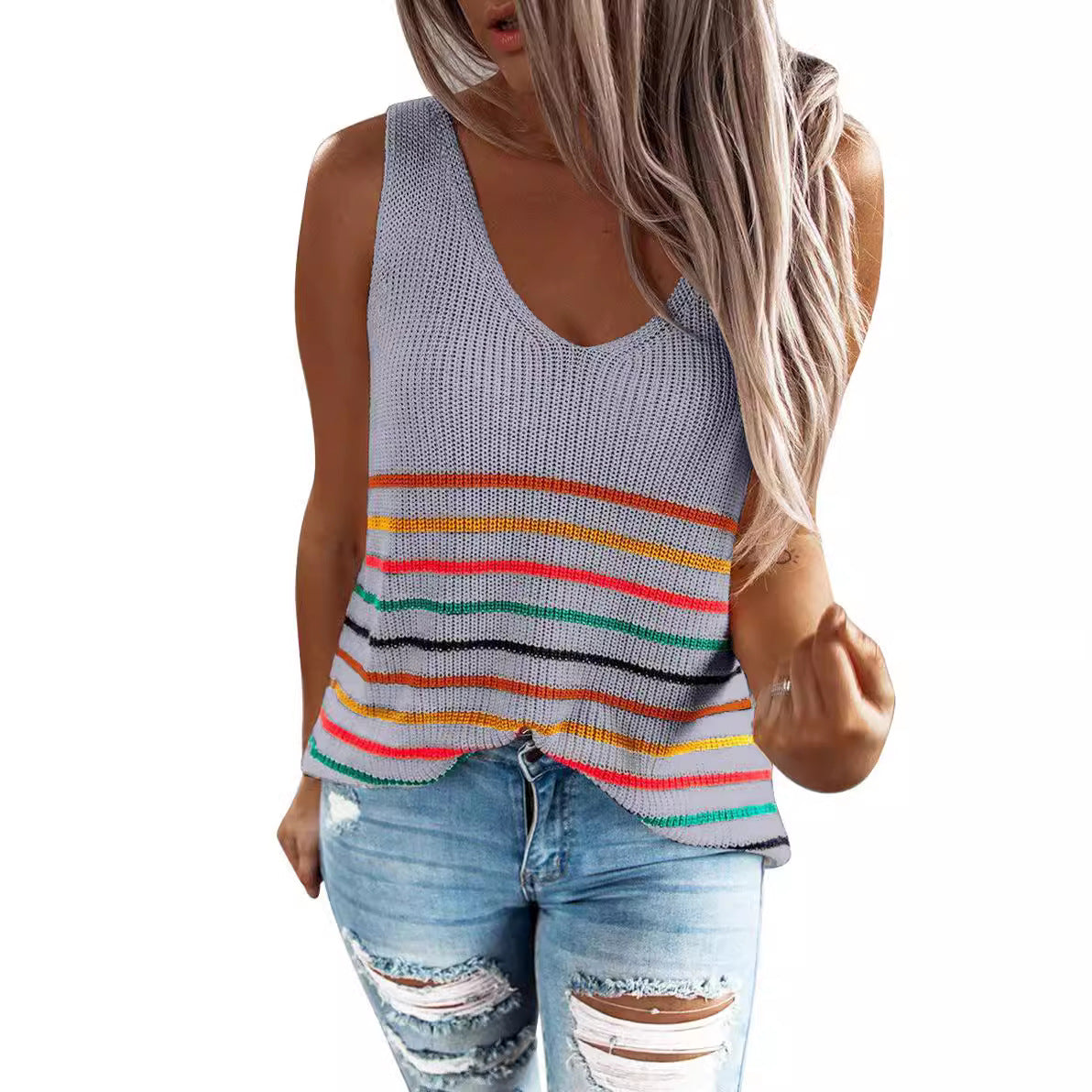Damen Freizeit Top mit buntem Streifenmuster und tiefem V-Ausschnitt Stalluxe