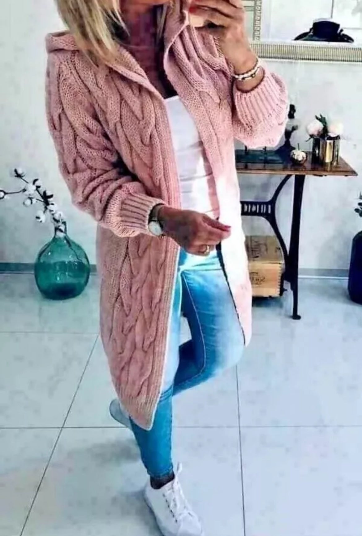 Damen Grobstrick-Cardigan mit Kapuze und Zopfmuster Stalluxe