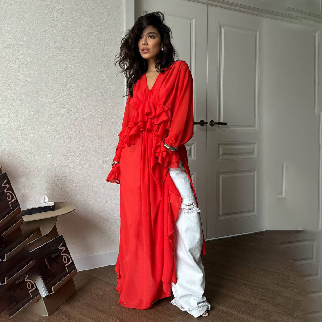 Damen Elegantes, fließendes Maxikleid mit weitem Schnitt und Rüschendetails Stalluxe