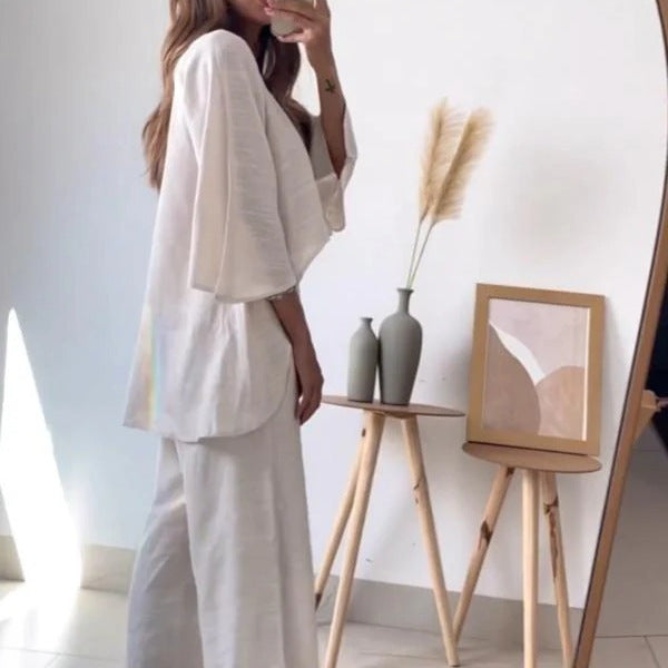 Damen luftiges Sommeroutfit mit weitem Oberteil und bequemen Hosen Stalluxe