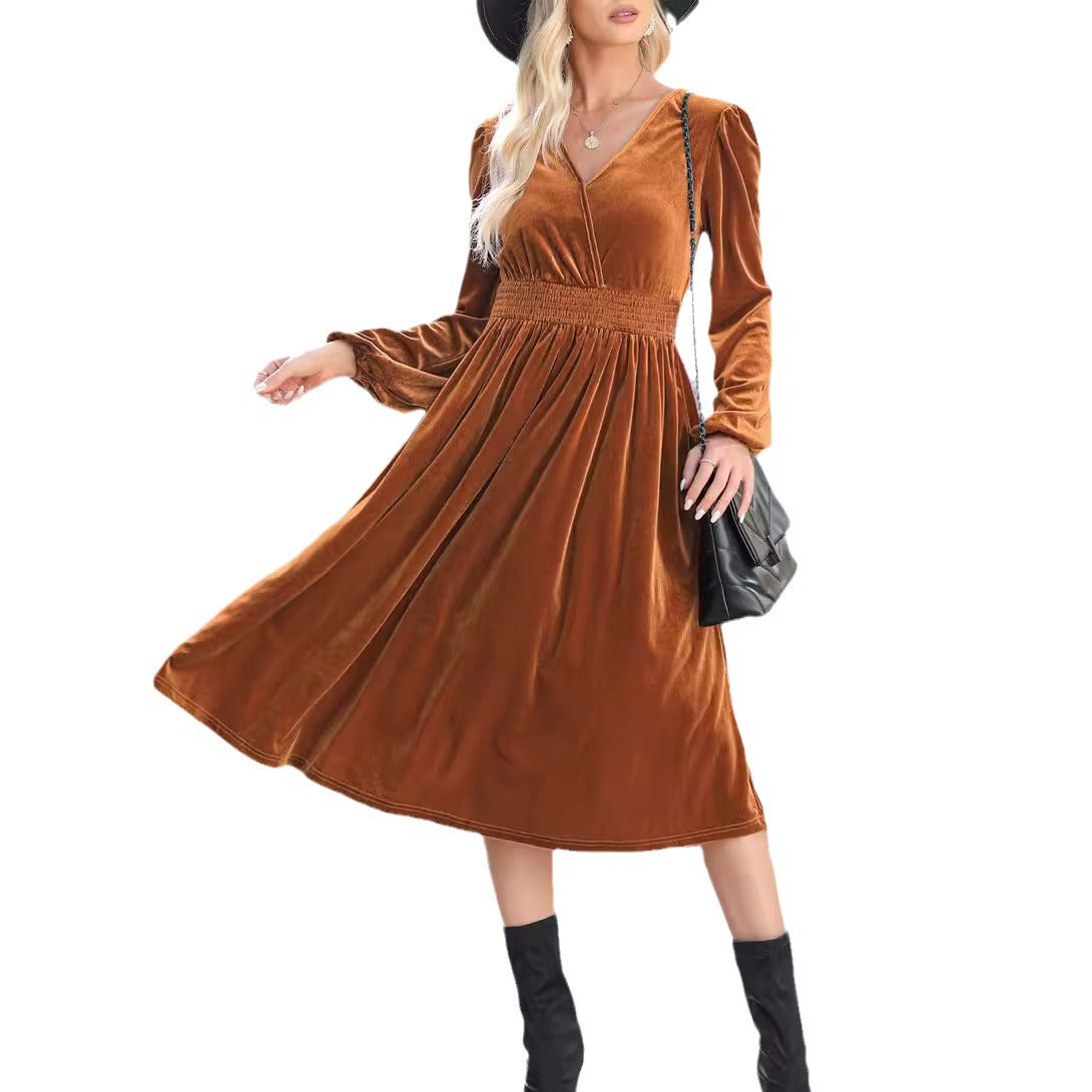 Damen Midi-Kleid aus weichem Samt mit V-Ausschnitt und Puffärmeln Stalluxe