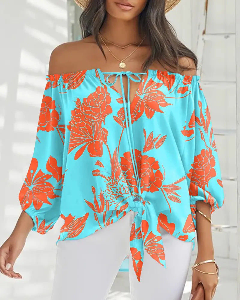 Damen Off-Shoulder Bluse mit floralem Design und Bindegürtel Stalluxe
