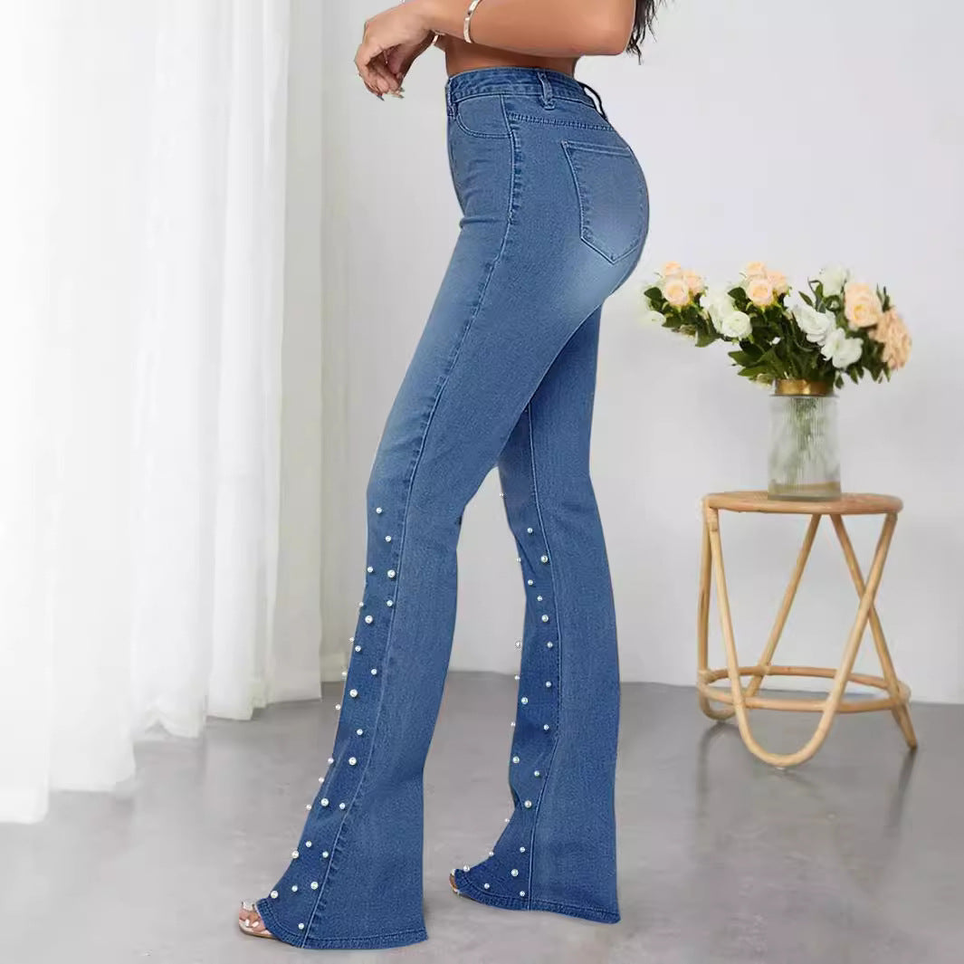 Damen Flared Jeans mit eleganten Perlenapplikationen Stalluxe