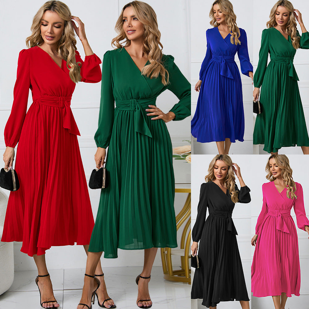 Damen Plissiertes Wickelkleid mit elegantem V-Ausschnitt und Taillengürtel Stalluxe