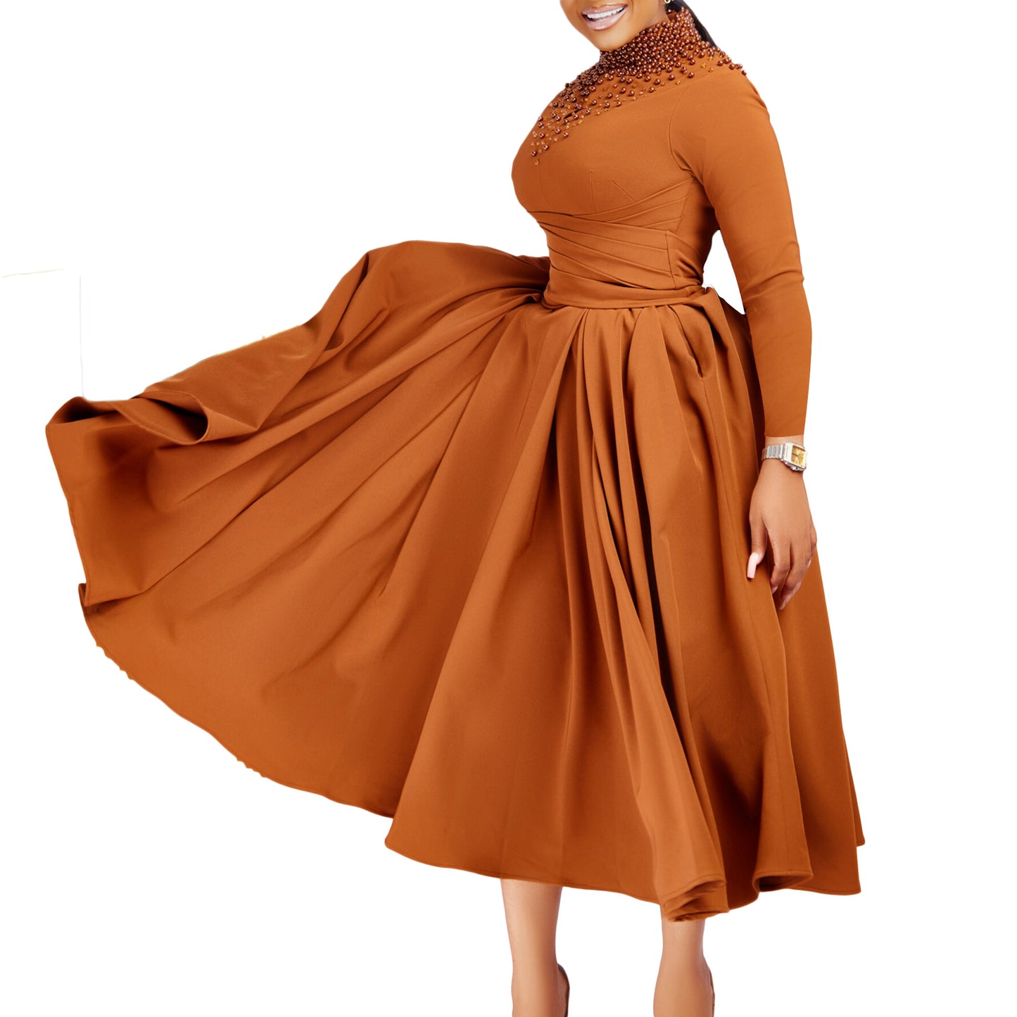 Damen Elegantes Kleid mit dekorativem Perlenbesatz und Wickeldesign Stalluxe