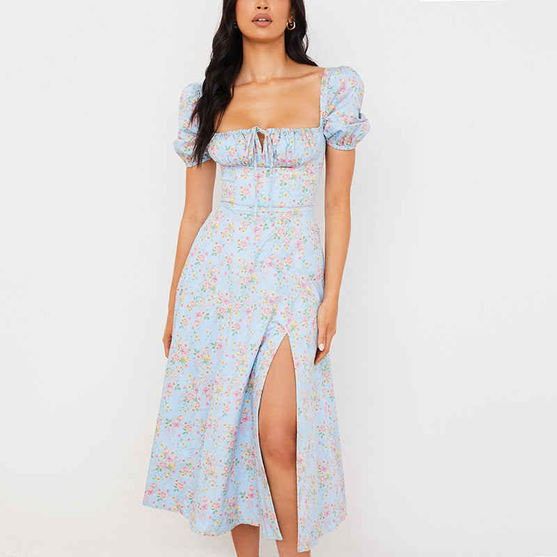 Damen Blumenkleid mit Schößchen und hoher Schlitze Stalluxe