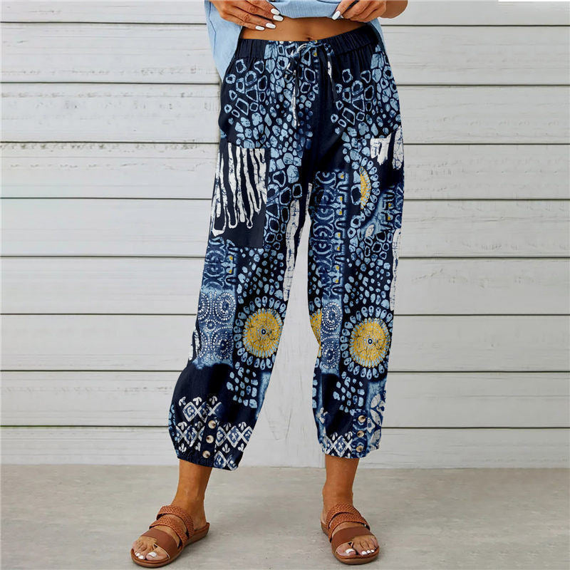 Damen lässige Pant mit floralem Druck und praktischen Knöpfen Stalluxe