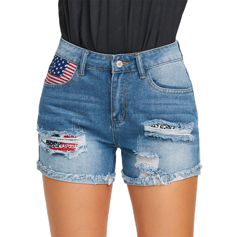 Damen Jeansshorts mit modischem USA-Print und Destroyed-Detail Stalluxe