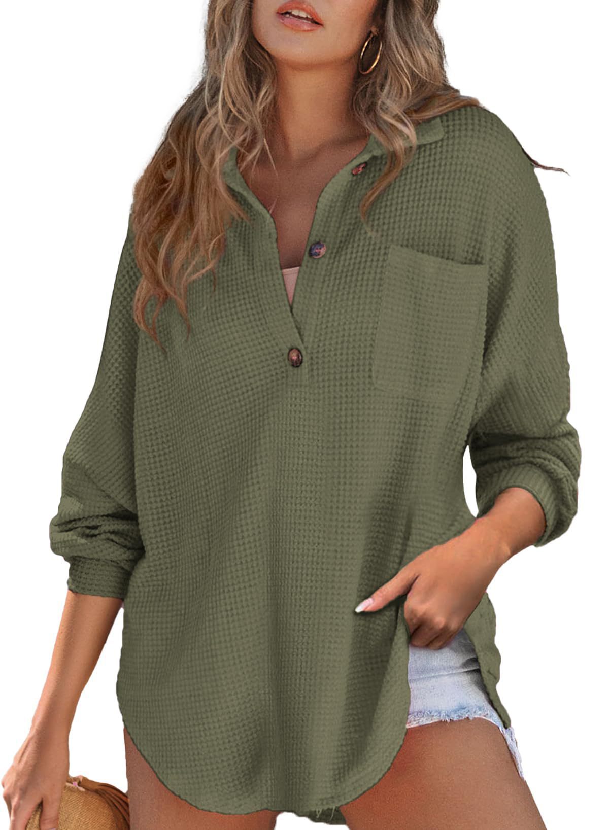 Damen lässiges Waffelshirt mit Knopfdetails und Taschen Stalluxe