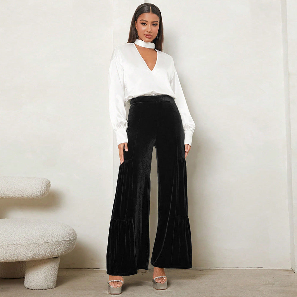 Damen Weit geschnittene Plüsch-Hose mit Falten und hohem Bund Stalluxe