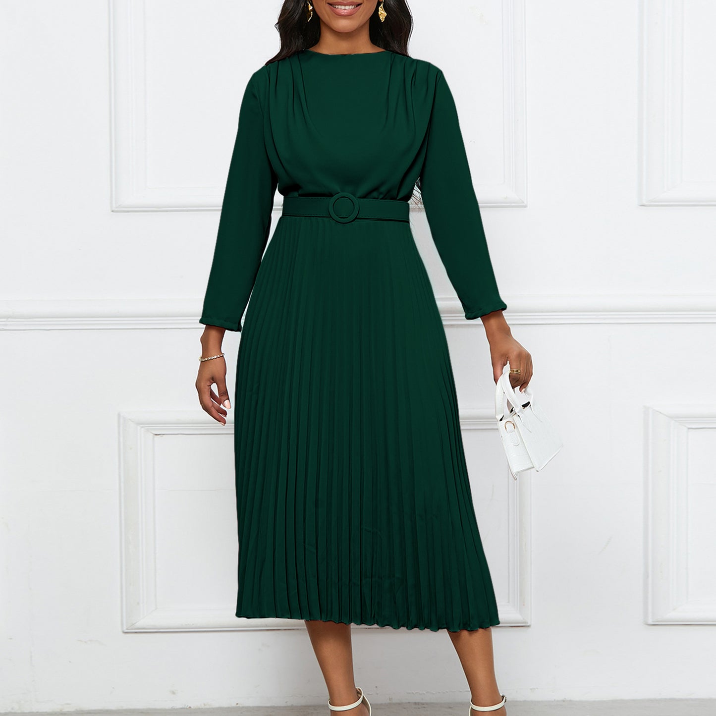 Damen Plisseekleid mit elegantem V-Ausschnitt und Gürtel Stalluxe