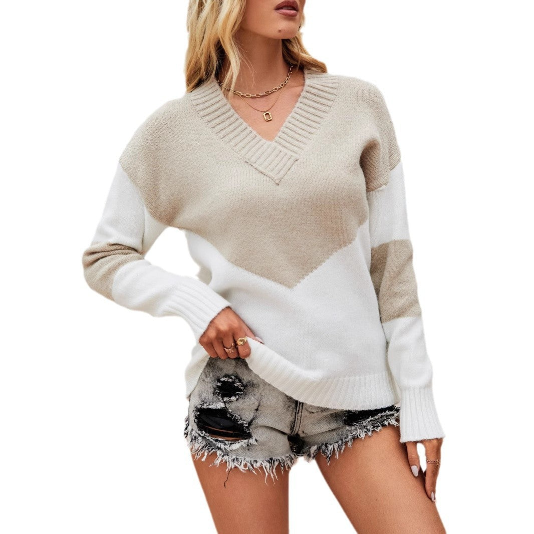 Damen modischer V-Pullover mit farblich abgesetztem Design und weitem Schnitt Stalluxe