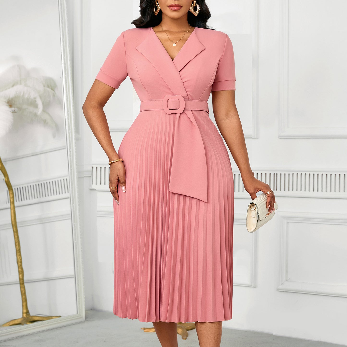 Damen Midikleid mit elegantem Wendegürtel und plissiertem Design Stalluxe